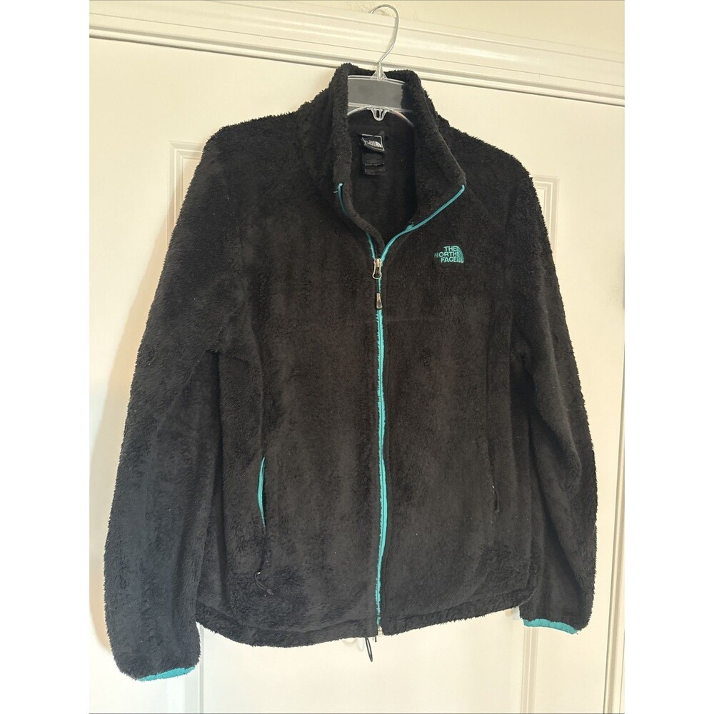 The North Face Women's LARGE Fuzzy Furry Full Zip Jacket Black Fleece Teal Accen